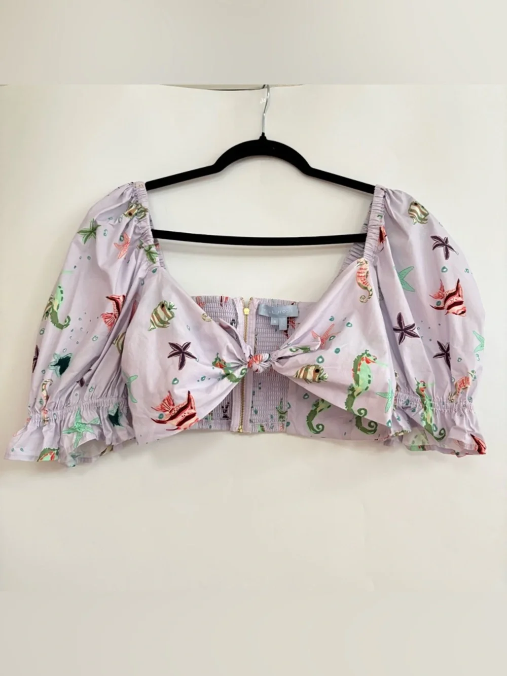 Hill House Isabella Crop Top Sea Creatures Lilac Puff Sleeve Tie Front Size S - Picture 4 of 7